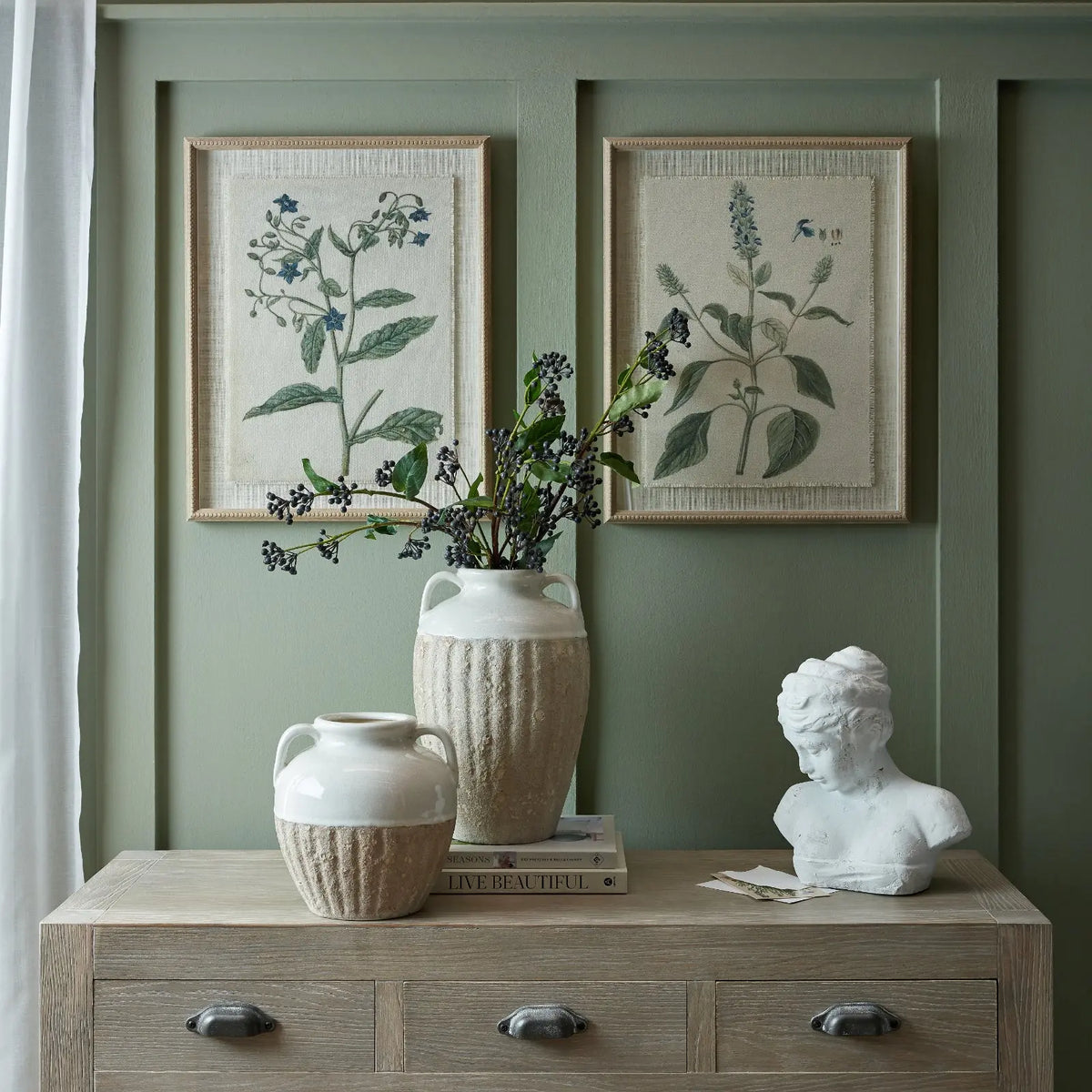 Flora & Fauna Collection Borage On Linen In Beaded Frame