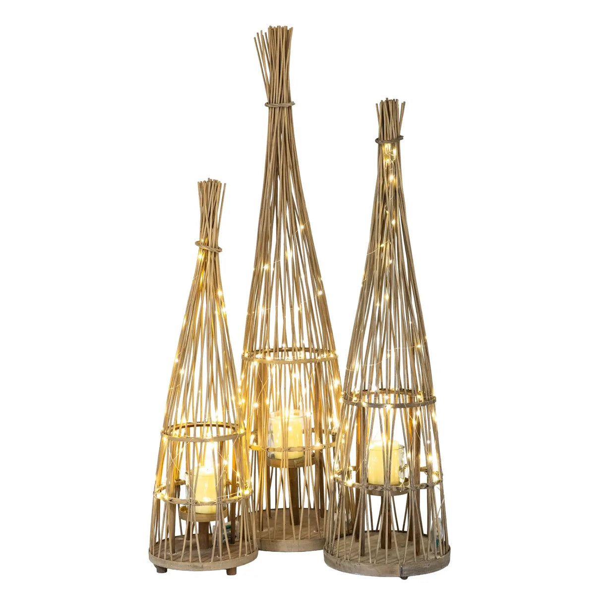 Medium Conical Wicker Lantern With Glass Holder & LED Lights