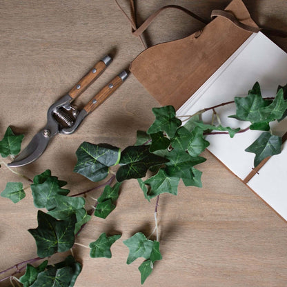 Ivy Garland with pruning shears and a journal on a wooden surface, showcasing natural green hues and layered leaves.