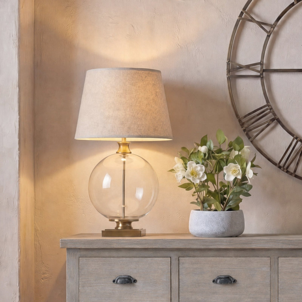 Lunel Glass Orb Table Lamp With Edged Linen ShadeSmall.