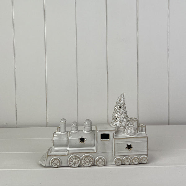 Glazed Ceramic Train Ornament with Textured Detail and LED