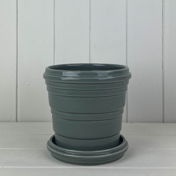 Grey Ribbed Ceramic Pot and Saucer TD15cm