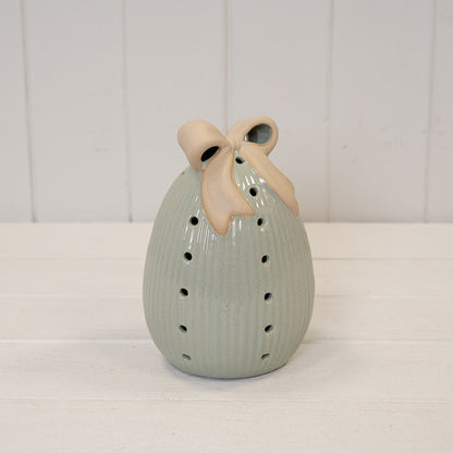 Sage Green Ceramic Egg with Bow Large with LED Timer