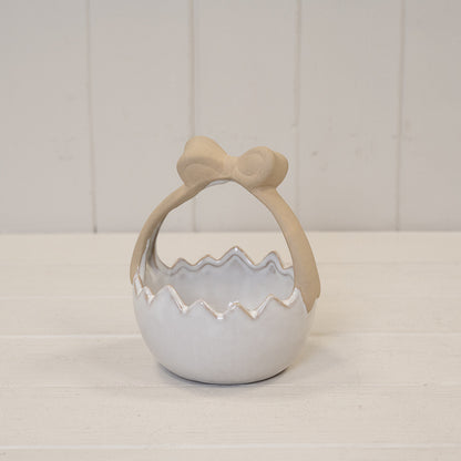 Ceramic Easter Egg Basket White Glazed with Unglazed Bow Handle