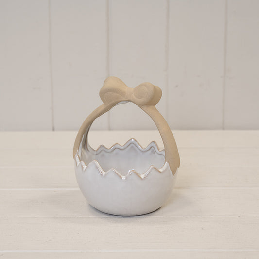 Ceramic Easter Egg Basket White Glazed with Unglazed Bow Handle