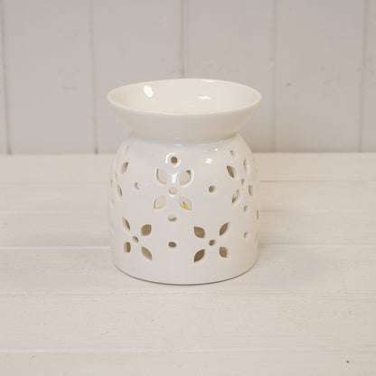 Large White Ceramic Glazed Oil Burner with Flower Petal Design
