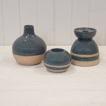 Blue Ceramic Glazed Candle Holder with Unglazed Detail