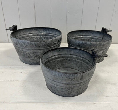Set of Three Dark Round Planters with Bird