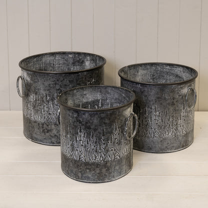 Set of Three Meadow Round Zinc Planters