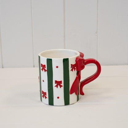 Red Bow and Green Striped Mug