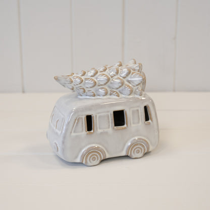 Ceramic Natural Camper Van with Christmas Tree on Roof