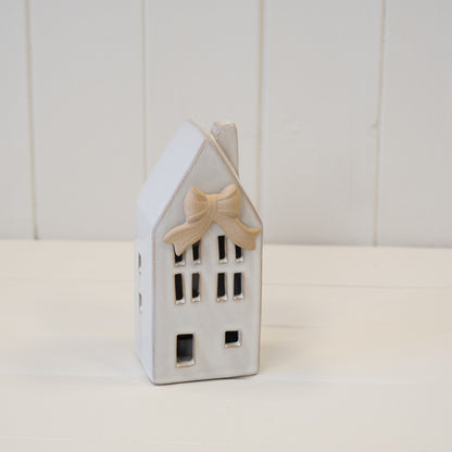 Small Ceramic LED House with Bow Details