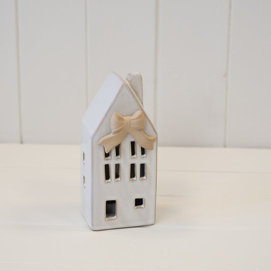 Small Ceramic LED House with Bow Details