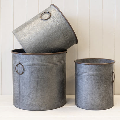 Set of Three Round Zinc Planters. S TD25 M TD30 L TD35