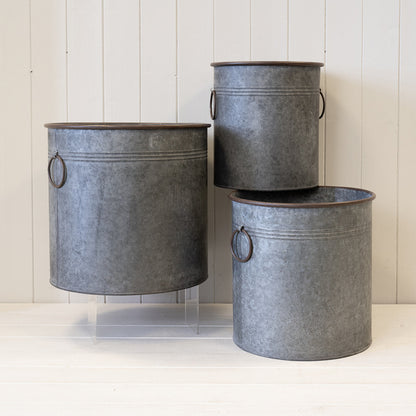 Set of Three Round Zinc Planters. S TD25 M TD30 L TD35