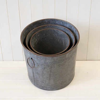 Set of Three Round Zinc Planters. S TD25 M TD30 L TD35