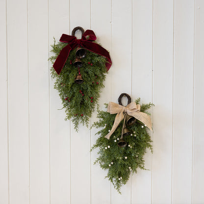 Teardrop Swag with White Berries and Bells and Bow Detail