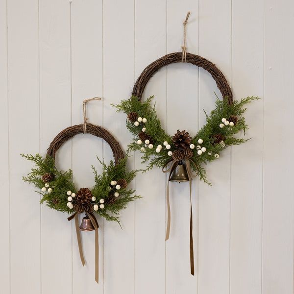 Twig Wreath With white Berry, Pinecones with Bells and Bow Detail Large
