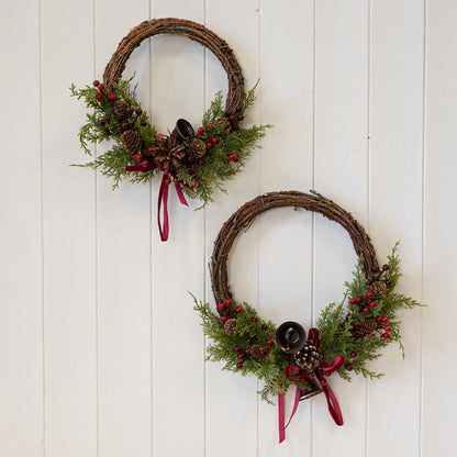 Twig Wreath With Red Berry, Pinecones with Bells and Bow Detail Medium