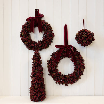Luxury Wreath Burgundy Berry with Mini Pinecone and Velvet Ribbon Bow Large