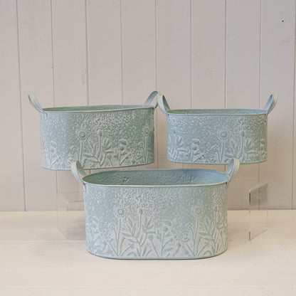 Sage Oval Zinc Planters with Floral Design Set of 3