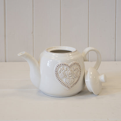 White Ceramic Teapot with Floral Heart Detail