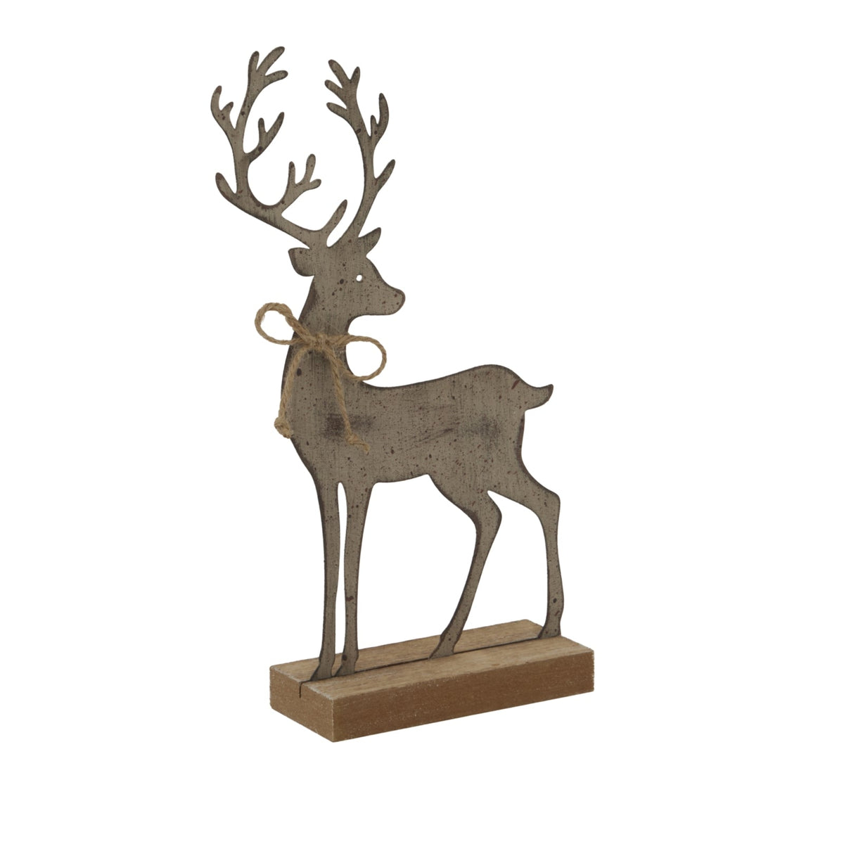 Rustic Metal Reindeer On Wood StandSmall.