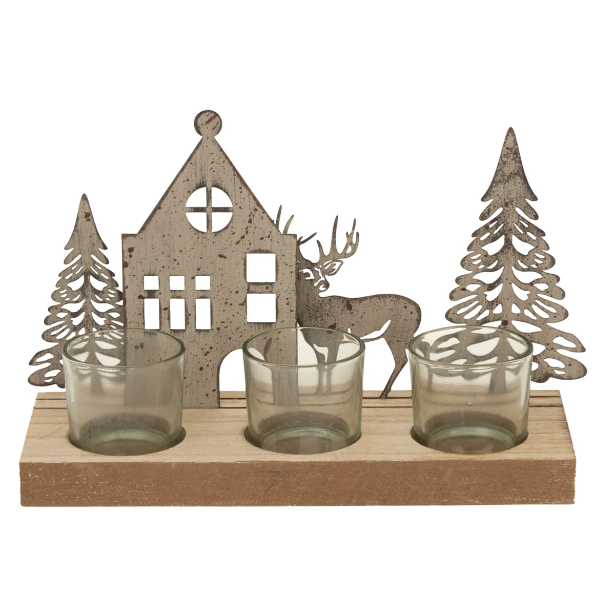 Rustic Metal Scene Tealight On Wood Stand With Glass VotivesSmall.