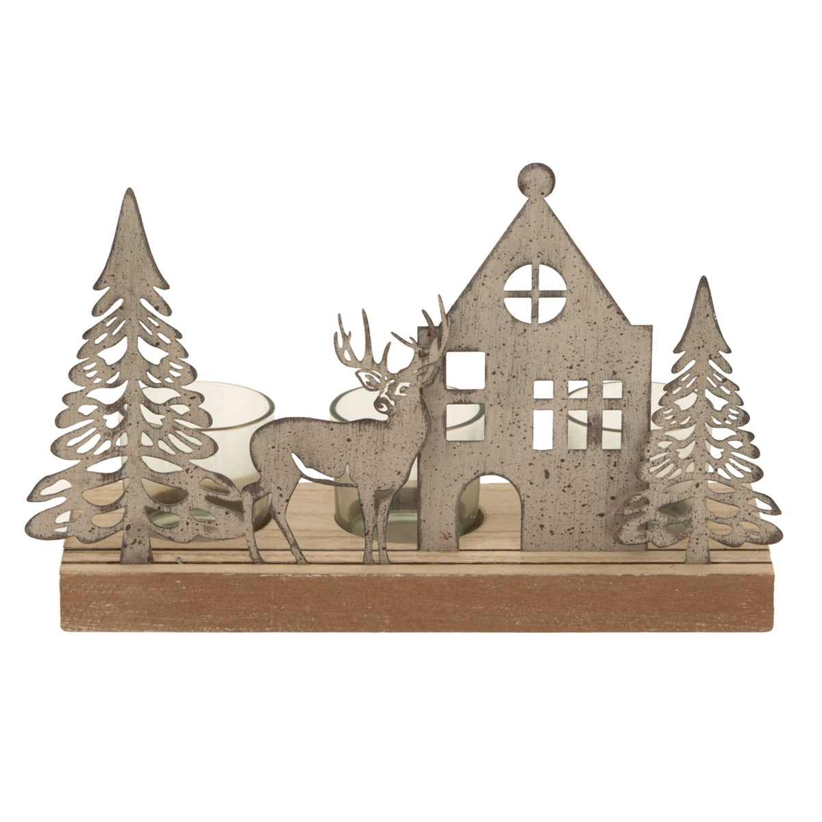 Rustic Metal Scene Tealight On Wood Stand With Glass VotivesSmall.